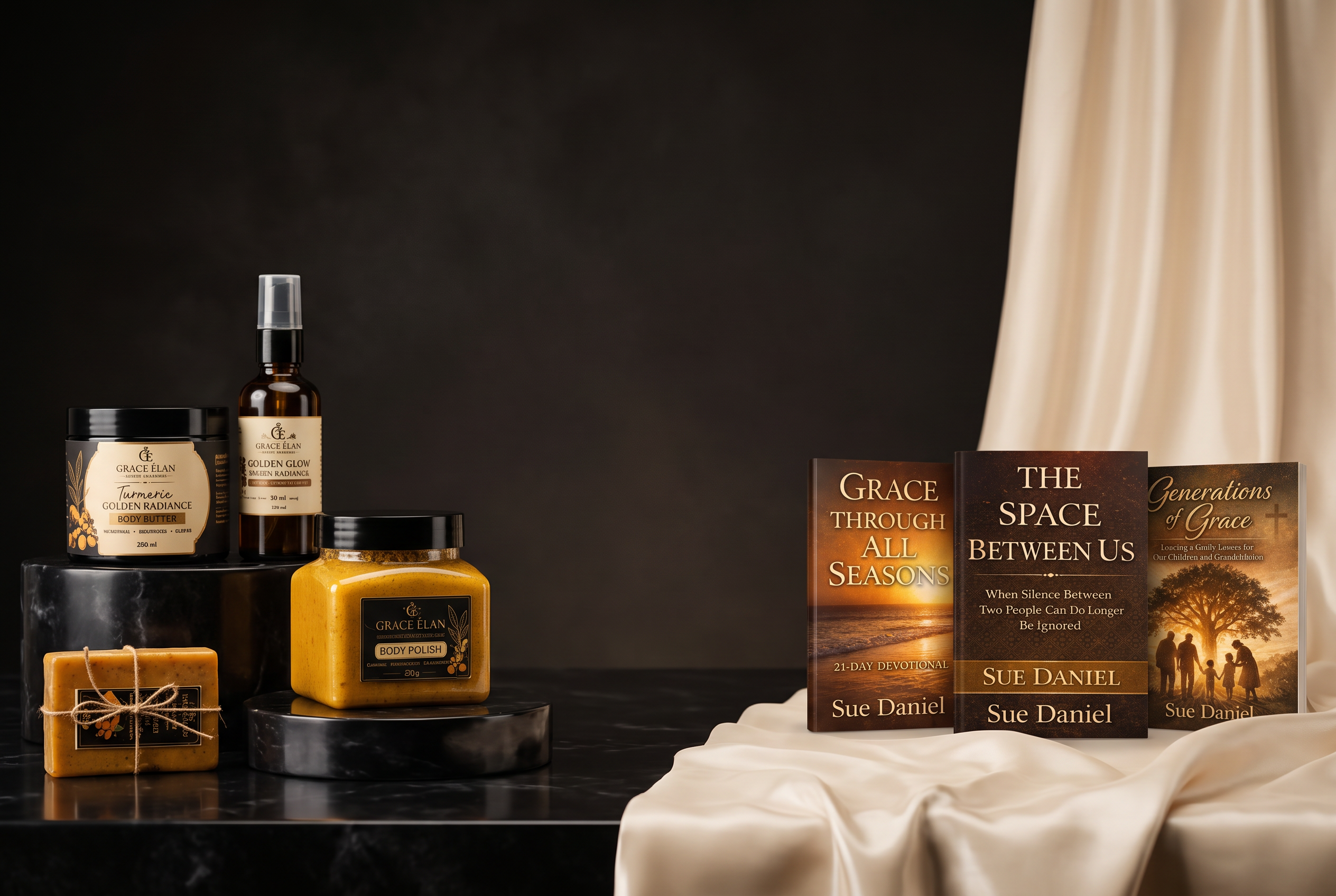 Grace Élan luxury skincare and Sue Daniel Christian books